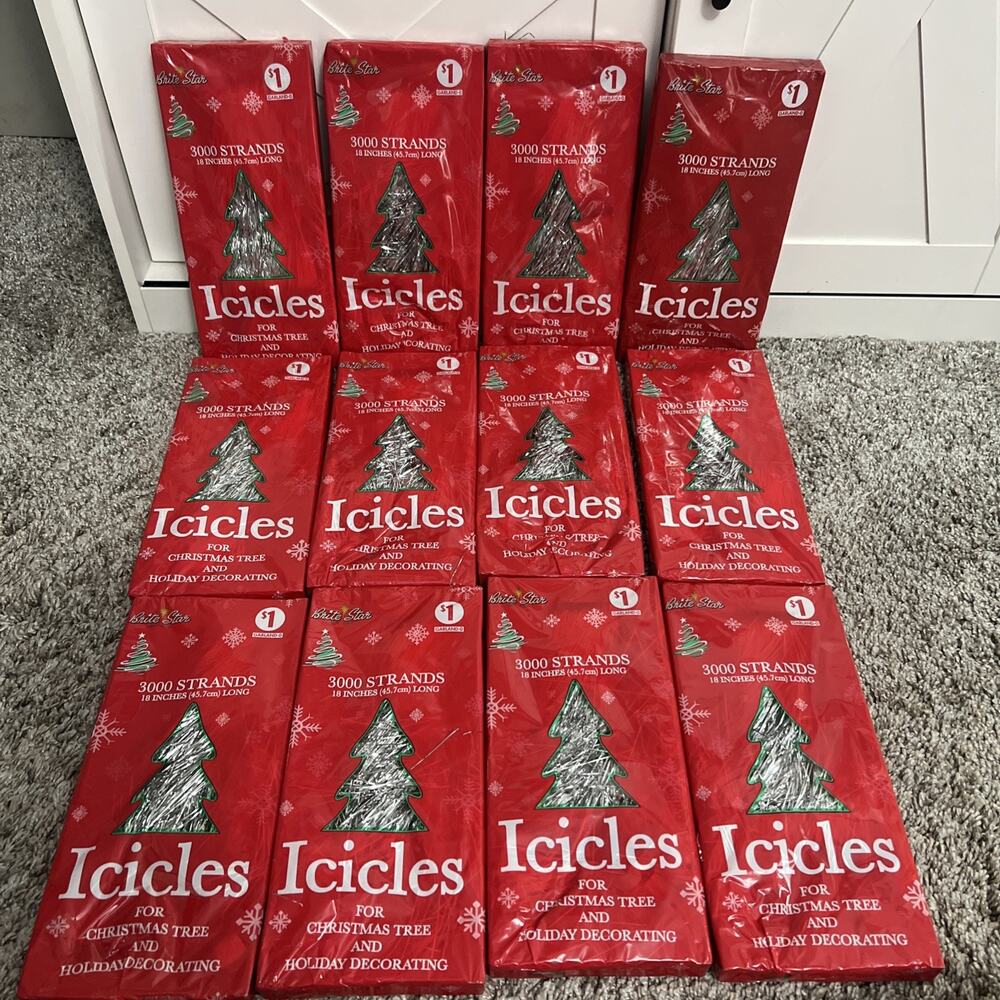 Lot Of 12 Vintage Bright Star Silver Icicles Tinsel 36,000 Strands NOS